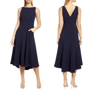 Eliza J Bateau Neck Fit & Flare Dress Womens Size 10 Navy Blue Sleeveless Midi